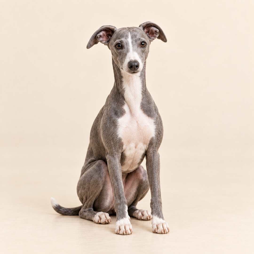Illustrative front view of a custom Whippet polymer clay figurine.