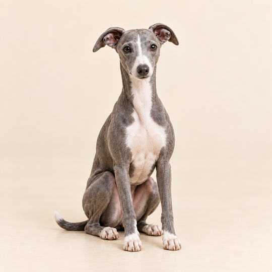 Illustrative front view of a custom Whippet polymer clay figurine.