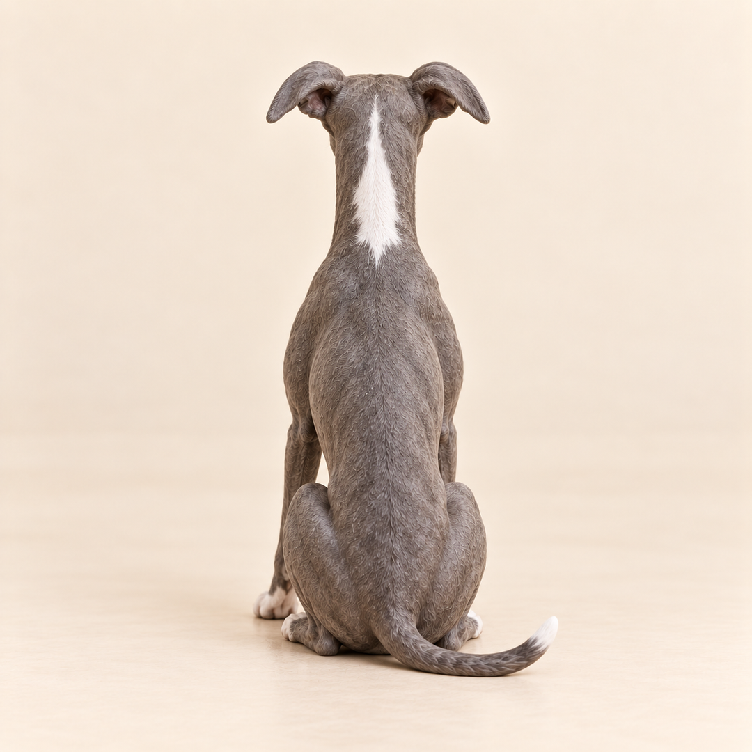 Illustrative rear view of a custom Whippet polymer clay figurine.