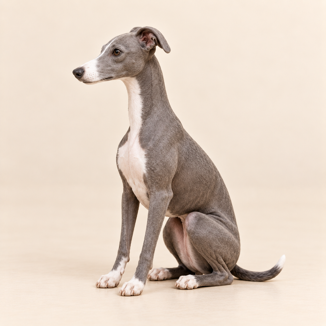 Illustrative side view of a custom Whippet polymer clay figurine.