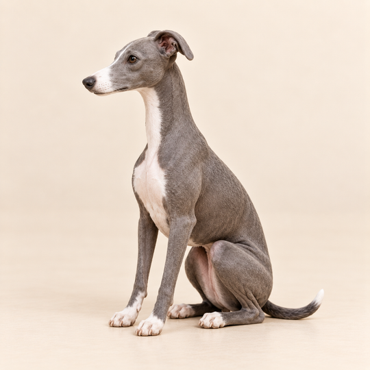 Illustrative side view of a custom Whippet polymer clay figurine.