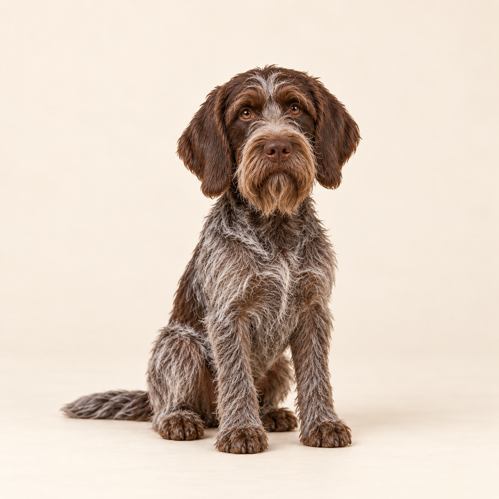 Illustrative front view of a custom Wirehaired Pointing Griffon polymer clay figurine.