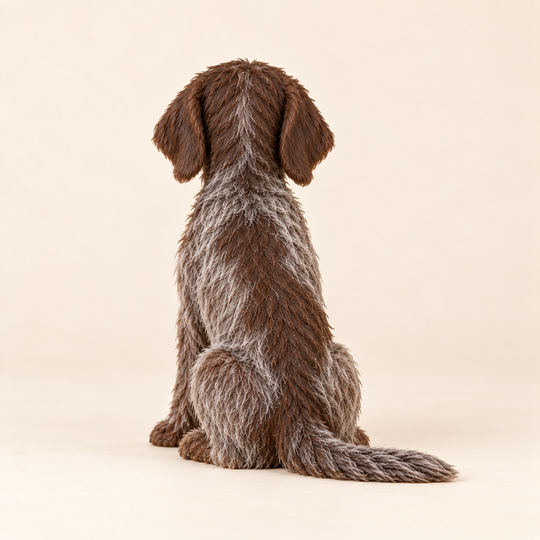 Illustrative rear view of a custom Wirehaired Pointing Griffon polymer clay figurine.