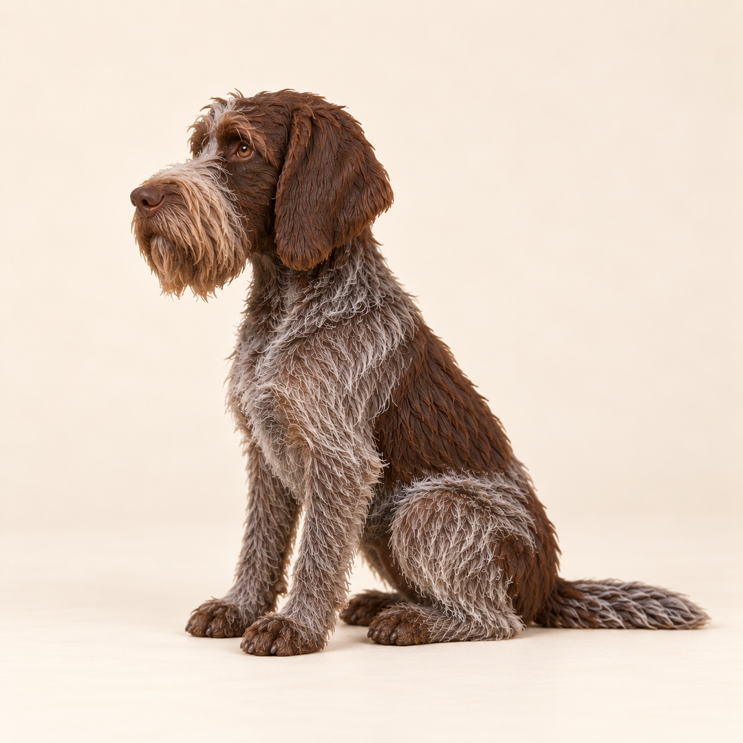 Illustrative side view of a custom Wirehaired Pointing Griffon polymer clay figurine.