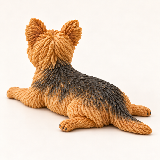Illustrative rear view of a Yorkshire Terrier figurine with a dark saddle and tan tail.